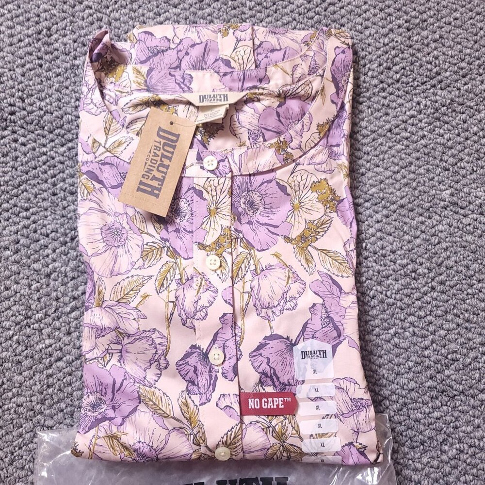 Duluth Trading Co Pink and Lavender Floral No-Gape Button-Down Shirt